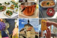 Collage aus 6 Bildern: Essen auf Tellern, topf, Schüssel mit Essen, Person mit Haushaltsgerät Nudeln, stadtansicht Bamberg