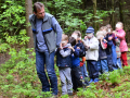 Förster führt Kinderschlange durch den Wald