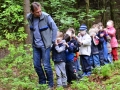 Förster führt Kinderschlange durch den Wald