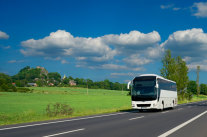 Bus fährt auf Landstraße umgeben von Wiesen.